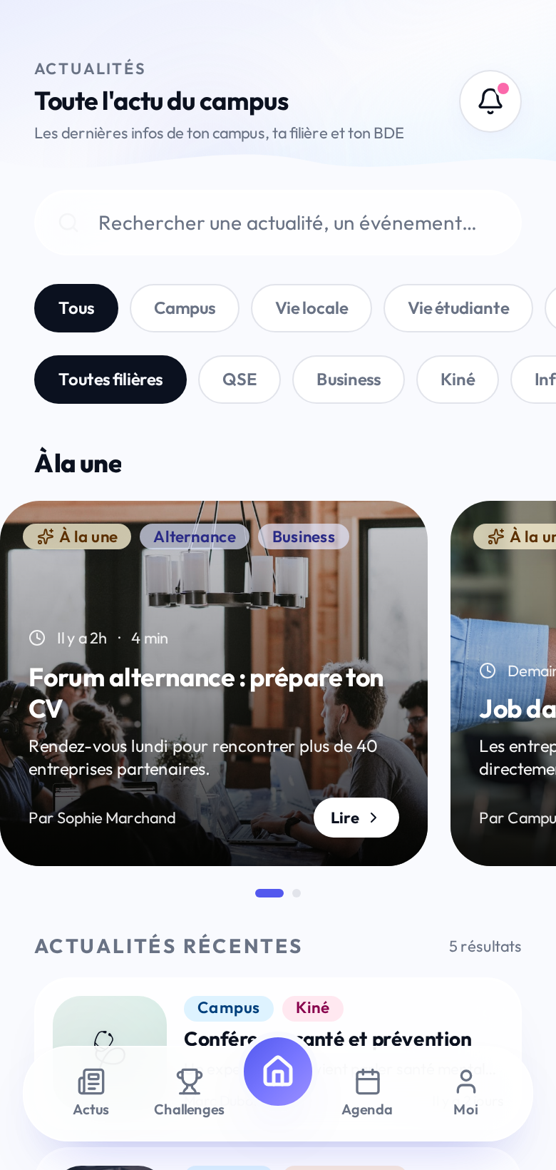 Accueil et actualités dans l'application Ma Vie de Campus